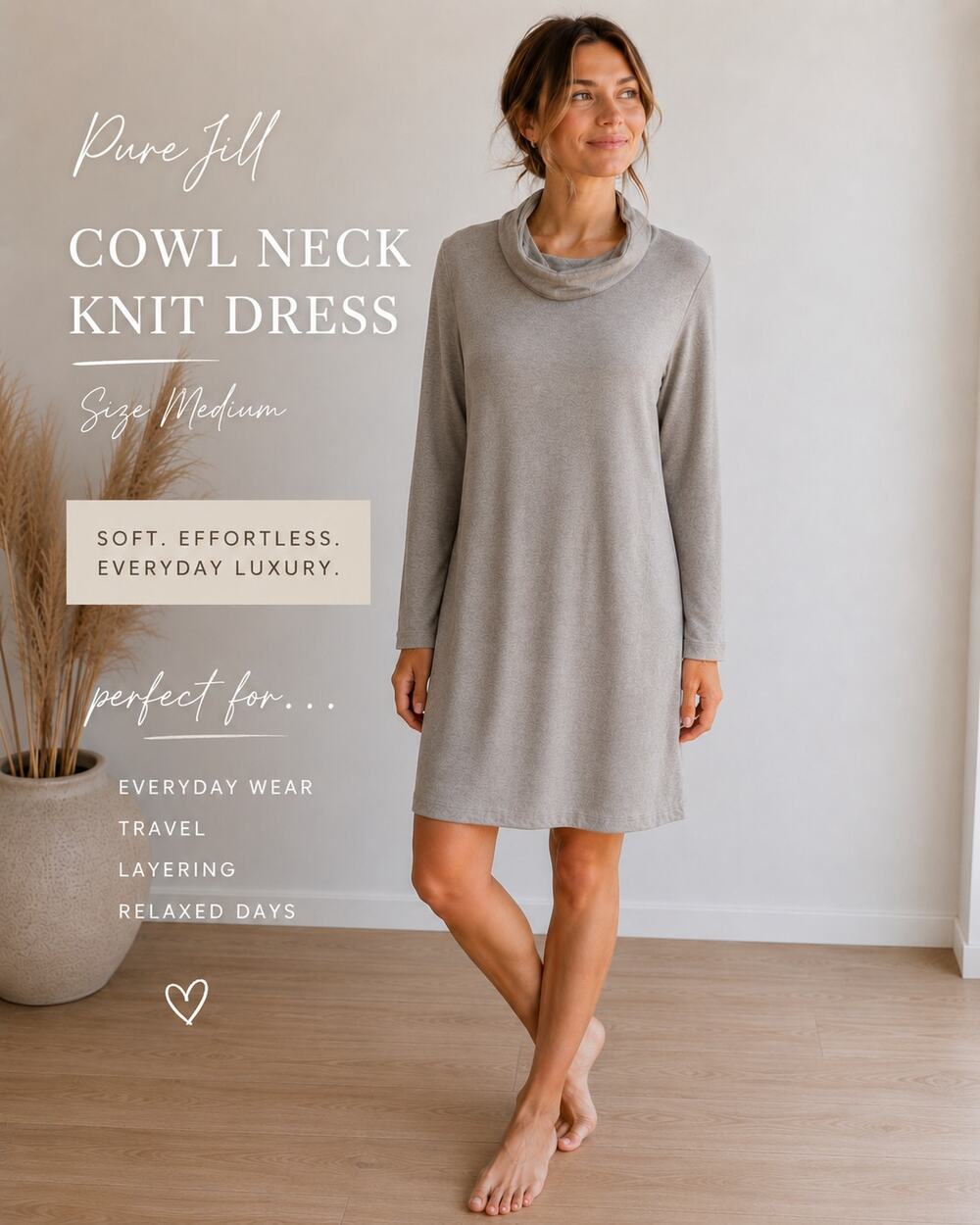 Pure Jill Dress Medium Taupe Cowl Neck Pocket Shift Dress Minimalist Pima Cotton